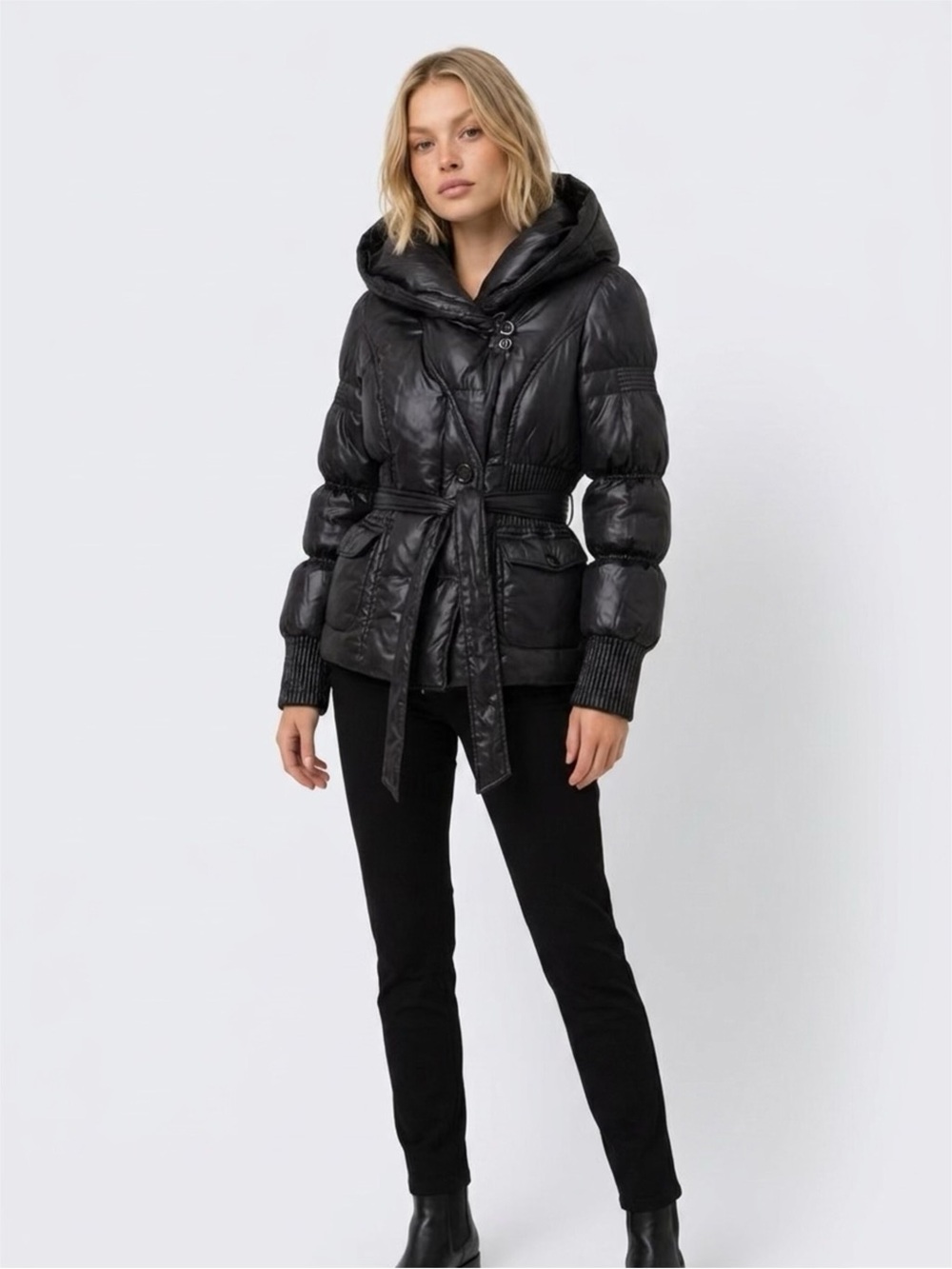 RUDSAK Black Hooded Quilted Belted Puffer Jacket